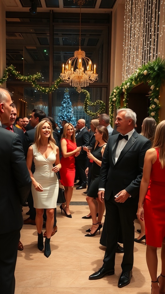 Elegant corporate Christmas party with guests in stylish outfits, festive decorations, and a warm ambiance.